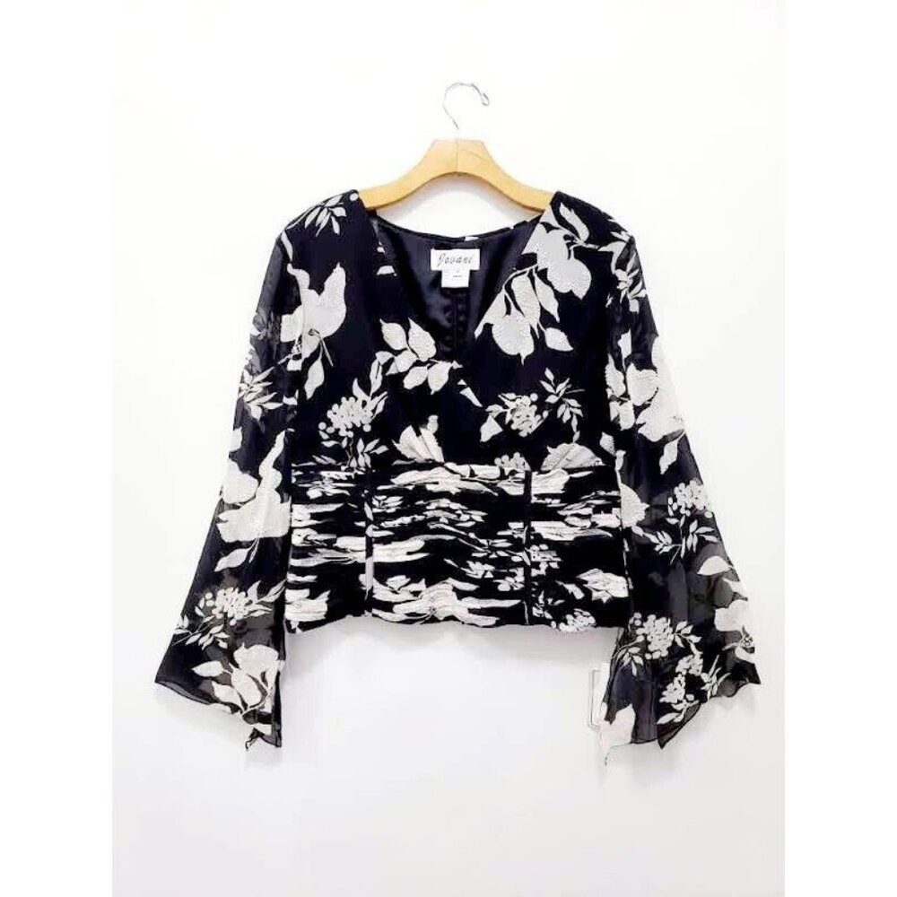 Jovani Y2K VTG Babydoll Bell Sleeve Sheer Fairy Core Beaded Floral Top 100% Silk